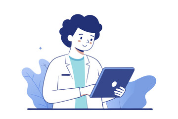 Line Art of a Medical Professional Analyzing Patient Data on a Tablet