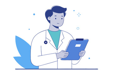 Line Art of a Medical Professional Analyzing Patient Data on a Tablet