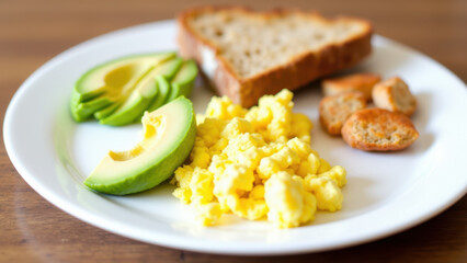 Scrambled eggs and avocado toast on a plate.