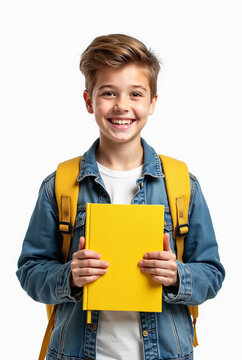 Crian&ccedil;a menino estudante sorridente com livro amarelo 2 