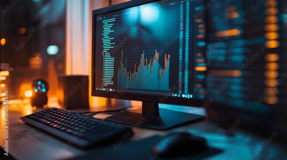 Poster monitor displaying stock market data in low light