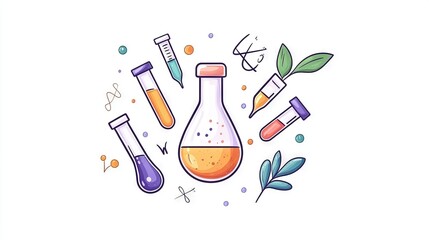   An image of a flask holding liquid and a test tube with a green leaf sprout