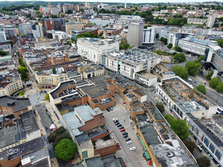 An Aerial View of Buildings at Central Bristol City of Southwest of England, United Kingdom. May 27th, 2024. The High Angle Footage Was Captured with Drone's Camera from High Altitude.