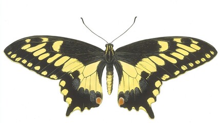   A macro of a golden black butterfly against a white canvas with a crimson dot centrally positioned on its wing