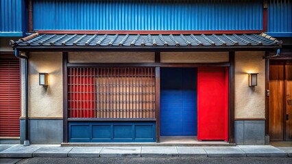 Naklejka premium Minimalist Japanese restaurant back entrance with red and blue paint