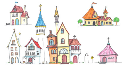 Colorful hand-drawn whimsical village houses and buildings with various architectural styles