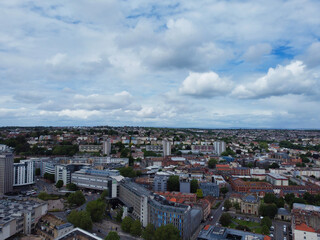 Obraz premium An Aerial View of Buildings at Central Bristol City of Southwest of England, United Kingdom. May 27th, 2024. The High Angle Footage Was Captured with Drone's Camera from High Altitude.