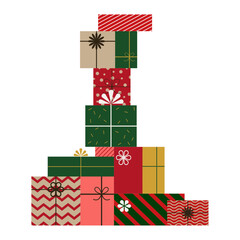 A pile of wrapped gift boxes and presents with bows and ribbons in flat style. Simple geometric shapes. Background illustration for cards, banners, sales and shopping