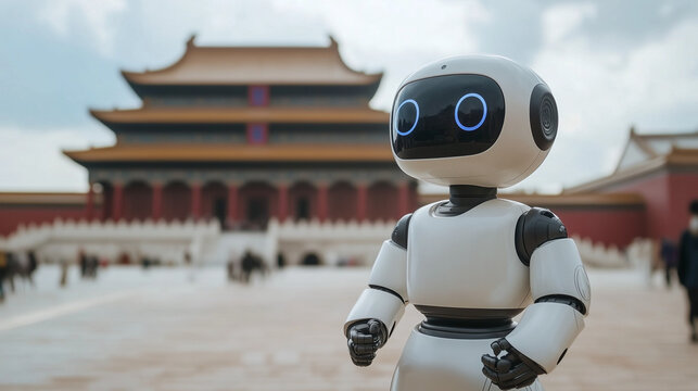 Friendly robot in front of traditional Chinese architecture

