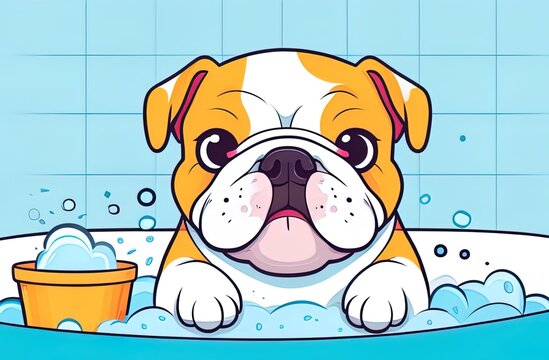 An adorable Bulldog dog with a sweet, round face and expressive eyes, enjoying a bubble bath in a blue-tiled bathroom with a yellow bucket beside. Spa for dogs.