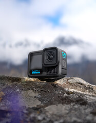 GoPro HERO 13 action camera resting on rocks in mountains. Taken on October 5, 2024 in Nepal.