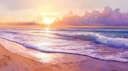 Fototapeta premium Serene beach scene at sunset with gentle waves and colorful clouds.