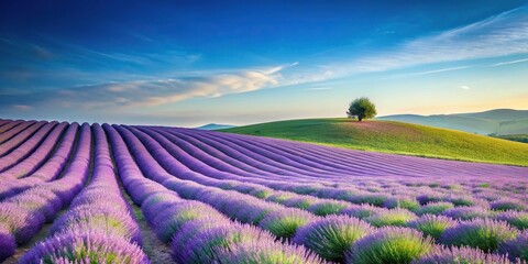 Minimalist springtime field of lavender with rolling hills and soft blue sky