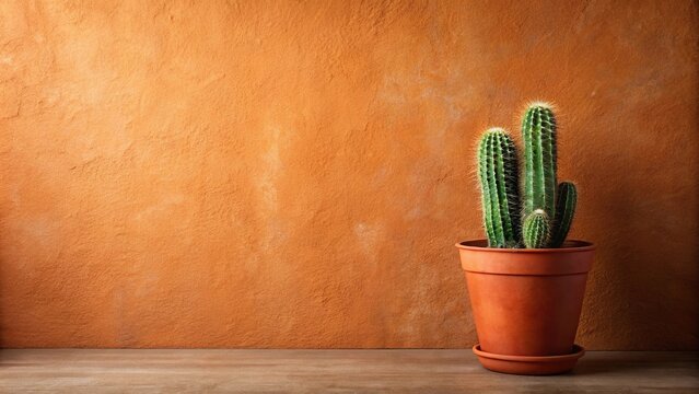 Minimalistic cactus wallpaper against terracotta wall with a unique perspective