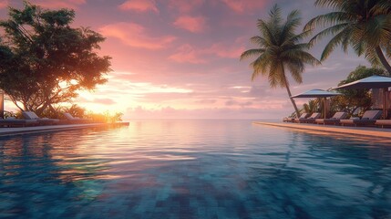 Tranquil infinity pool with vibrant sunset and palm trees.