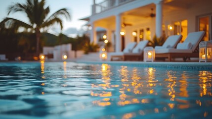 Tranquil pool with lantern lights reflecting on the water at dusk.