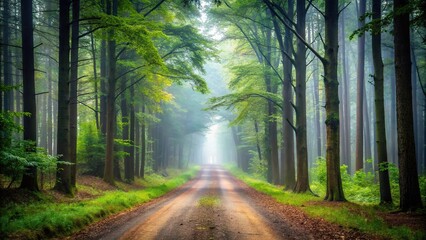Obraz premium Misty morning on tree-lined dirt road in forest