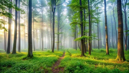 Misty morning scene in a tranquil forest