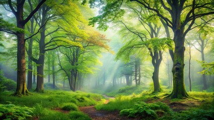 Misty woodland landscape with lush trees ideal for wallpaper or background usage