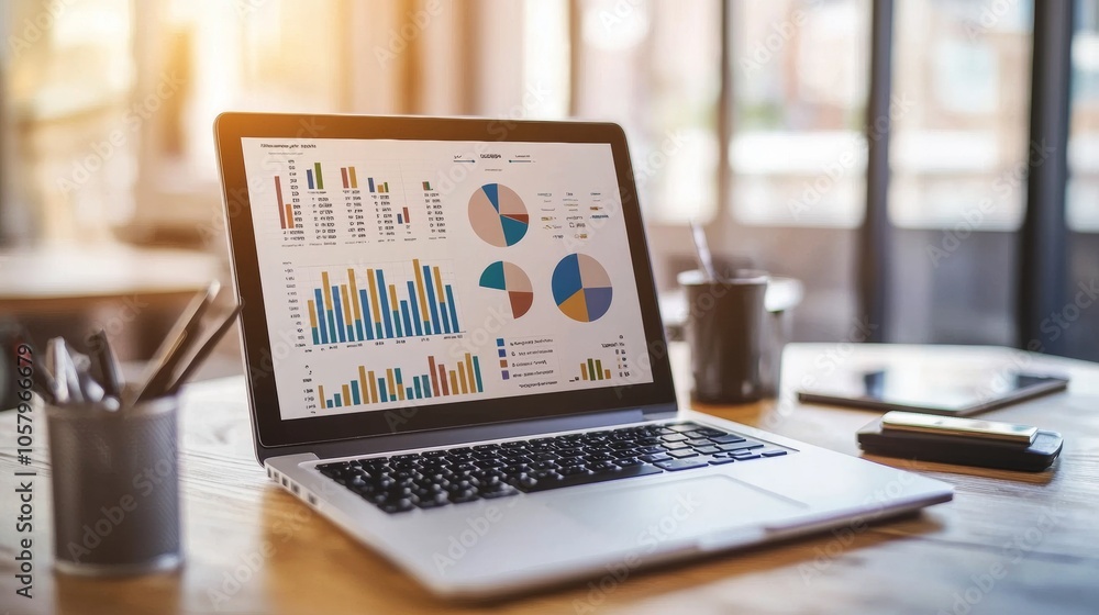 Poster laptop displaying graphs and charts in sunlit workspace