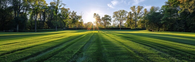 Obraz premium Freshly Mown Lawn Bathed in Morning Sunlight