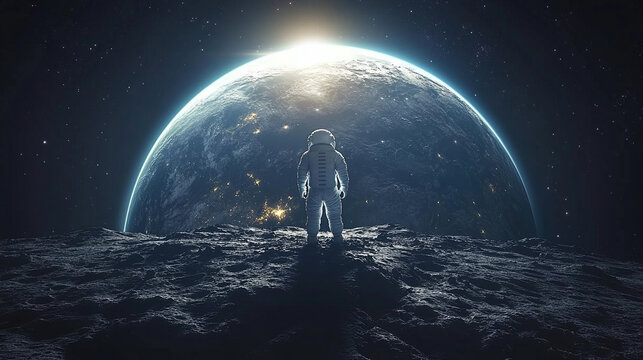 astronaut stands on the moon's surface, gazing at the Earth suspended in space. This image symbolizes exploration, human curiosity, and the vastness of the universe, inspiring awe