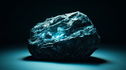 A glowing blue rock with a mystical, crystalline appearance under dramatic lighting
