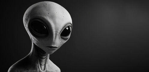 Portrait of a grey alien with big black eyes with copyspace