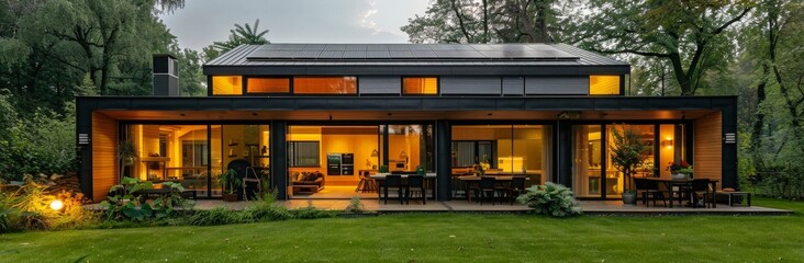 Obraz premium Modern House With Large Windows and Wooden Deck in Lush Green Forest Setting at Dusk