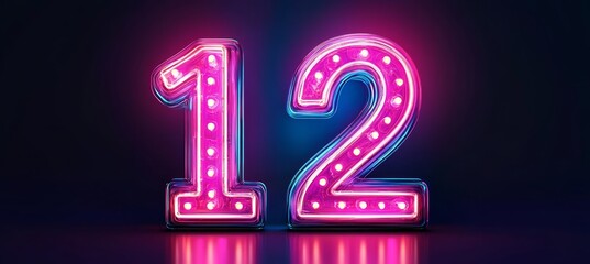 Number 12, Purple Wired Neon Light Bulb Font With Glowing Reflections On A Dark Background.