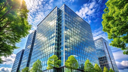 Modern high rise building with reflection and greenery against the sky