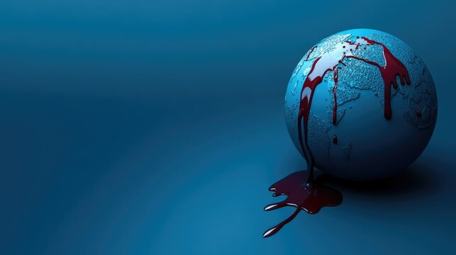 A blue globe with a red liquid flowing down it. A substance similar to blood accumulates at the base of the globe. The concept of ecological destruction and global crisis. The concept of a bleeding wo