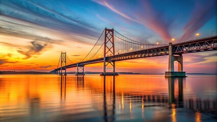 Mackinac Bridge spanning the Straits of Mackinac between upper and lower peninsulas of Michigan USA at sunset with leading lines