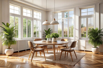 Fototapeta premium Bright airy dining room, large windows, natural light, wooden dining table, mid-century modern chairs, pendant lights, potted plants, herringbone wood floor, white walls, high ceilings, minimalist dec
