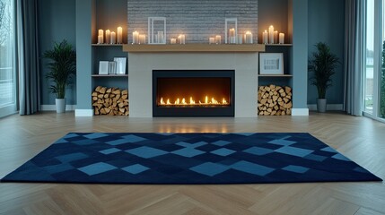 This cozy room exudes warmth with its electric fireplace and candles, complemented by a geometric black rug and wooden shelves against a brick wall, creating a welcoming atmosphere