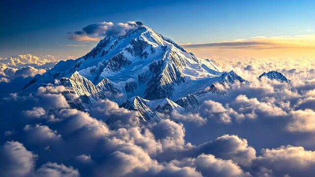 A snow-capped mountain peak emerges from the clouds at sunrise, casting long shadows over the valley below