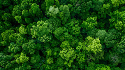 Naklejka premium An aerial view of a lush green forest. The trees are in full bloom and the sun is shining brightly, creating a beautiful scene.