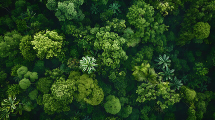 Top view of a lush green tropical rainforest canopy. The dense vegetation is made up of a variety of trees, plants, and ferns.