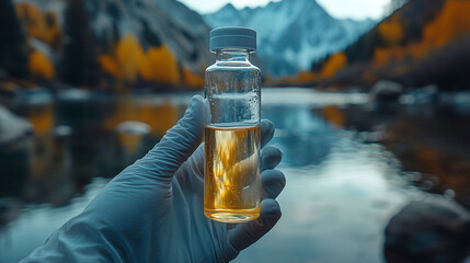 gloved hand holding a transparent sample tube against a scenic background of a lake and lush greenery, symbolizing environmental awareness, ecological testing, and natural conservation