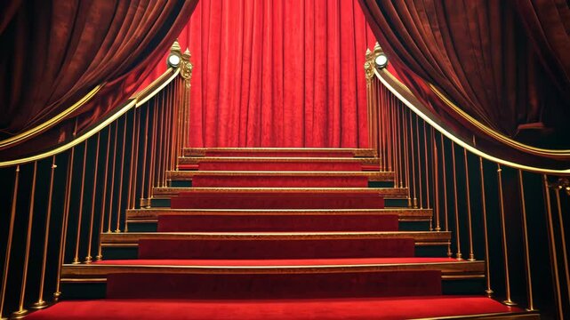 A red carpet leads up a grand staircase, framed by dark red curtains