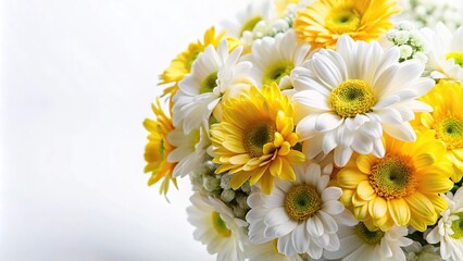 Obraz premium Macro close up of white and yellow flowers bouquet on white background