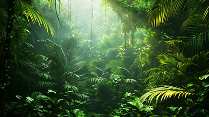 lush green foliage of a dense jungle with bright sunlight streaming through the canopy