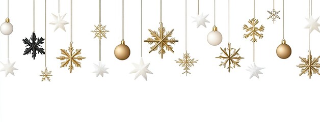 Delicate gold snowflakes form a seamless border on a white backdrop, perfect for a Christmas or New Year greeting card, providing space for customizable messages.