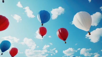 Obraz premium Red, white and blue balls floating in the sky symbolize global unity, health awareness and support for medical initiatives. World Diabetes Day awareness concept. AI.