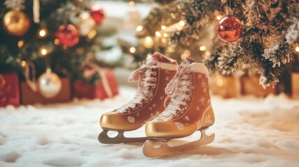 Ice skates adorned with festive decorations placed on a snowy surface beneath a decorated Christmas tree
