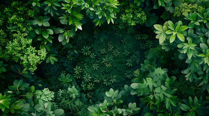 lush green foliage of a tropical rainforest from a top down perspective. sunlight filters through the dense canopy of leaves.