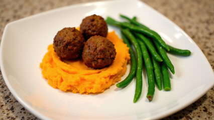 The plate features meatballs on a bed of mashed potatoes, accompanied by green beans.