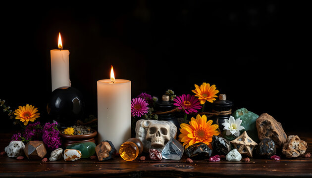 Candles, floral cleansing bundles, magic things, gemstones minerals on dark rustic background. healing minerals for Magic Rock Ritual, Witchcraft, spiritual practice. Esoteric, halloween concept iso