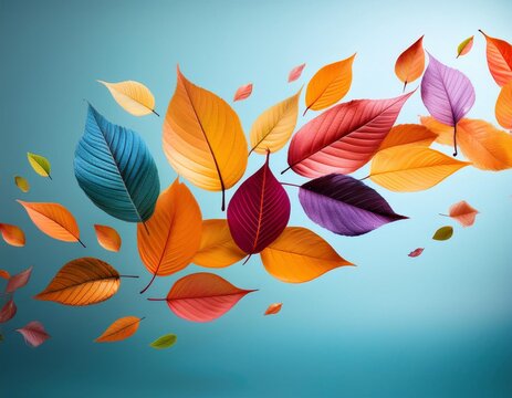 Bunte Herbstbl&auml;tter fliegen durch die Luft, hellblauer Hintergrund