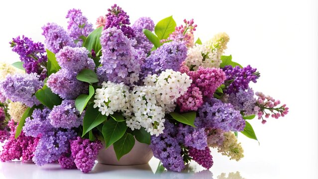 Macro fresh lush bouquet of colorful lilacs isolated on white